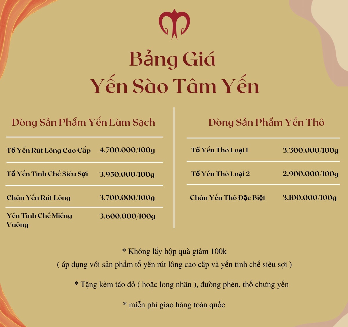 bảng giá sản phẩm yến sào tâm yến